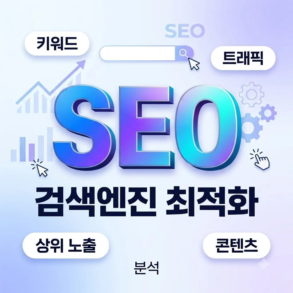 SEO 검색엔진 최적화 글자와 키워드·트래픽·상위 노출·콘텐츠·분석 꼬리표 그림