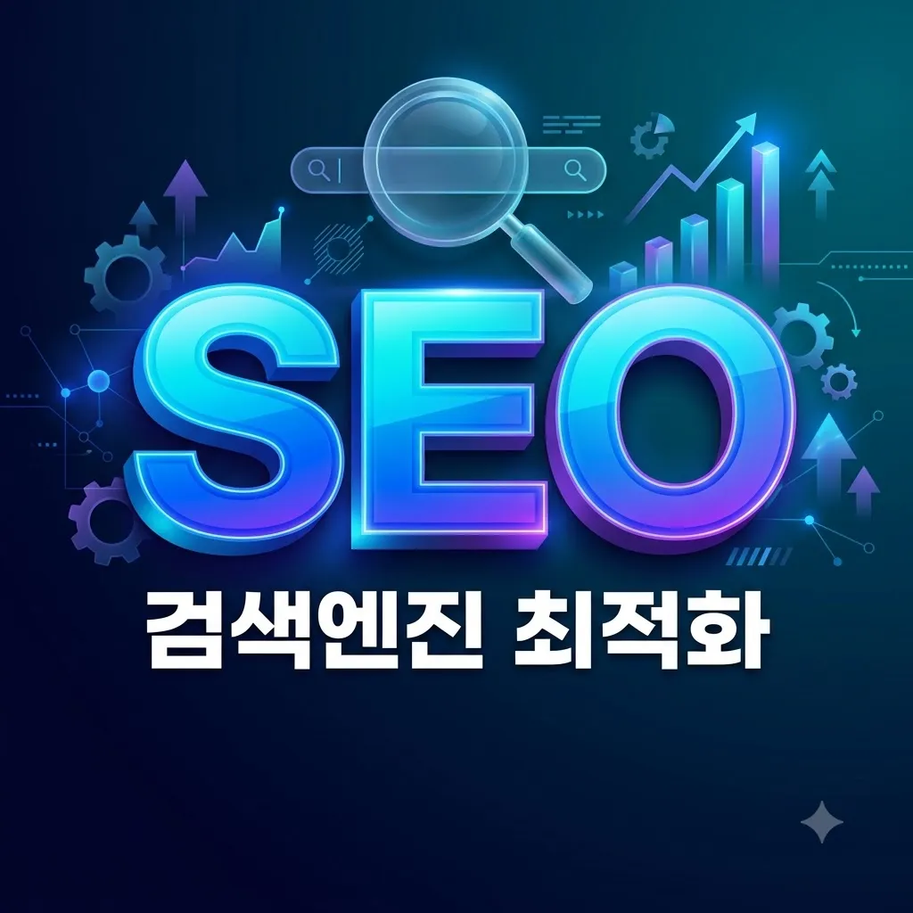 SEO 검색엔진 최적화 글자와 돋보기 그림